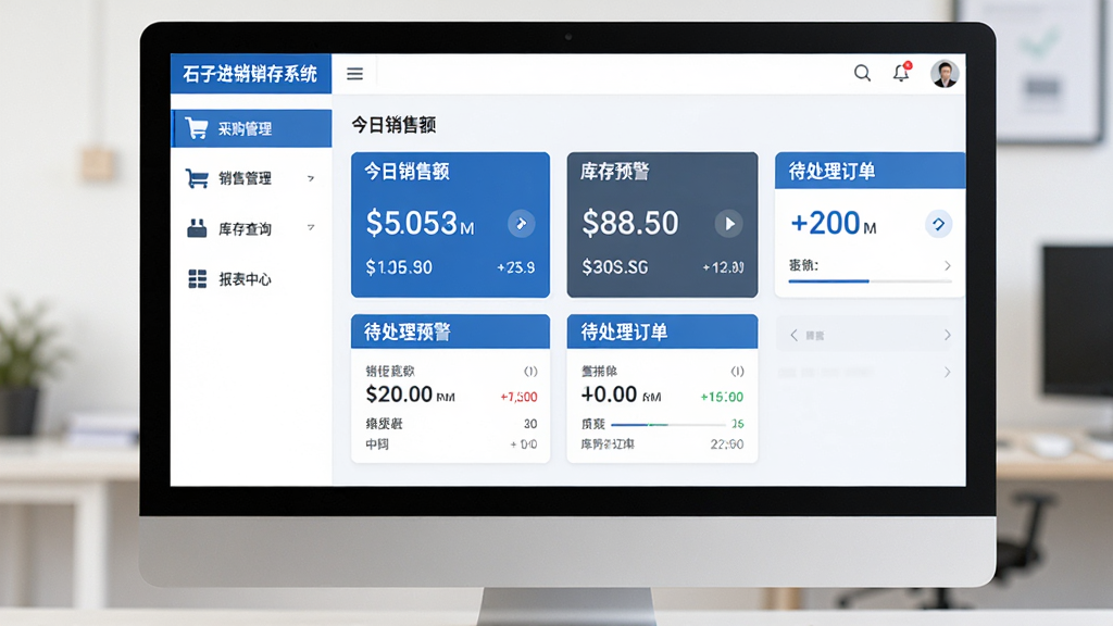 图片展示石子进销存系统在电脑上的主界面,界面左侧是清晰的导航菜单(含采购管理、销售管理、库存查询、报表中心等图标),中央区域为今日销售额、库存预警、待处理订单等数据卡片,整体采用蓝白配色商务风格,布局整洁、信息层级分明,画面高清、无多余杂物。
