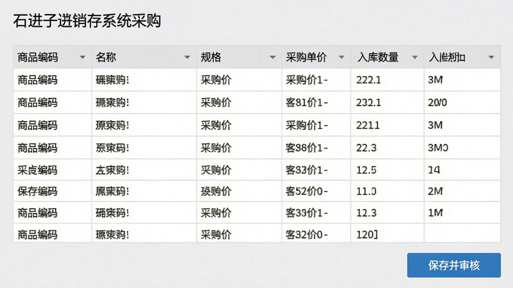 一张石子进销存系统的采购入库操作截图,画面中表格列出商品编码、名称、规格、采购单价、入库数量等字段,底部有“保存并审核”蓝色按钮,背景为浅灰色界面,表格数据清晰,整体风格专业干净。