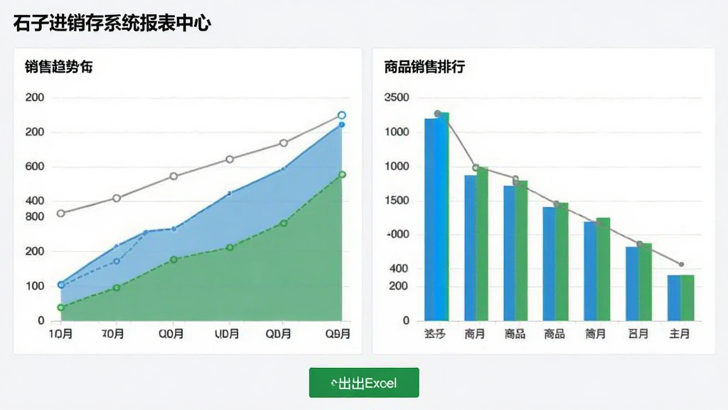 石子进销存系统报表中心页面,展示销售趋势折线图与商品销售排行条形图,图表配色蓝绿相间,底部有导出Excel按钮,整体界面为浅色商务风格,数据可视化直观,截图清晰干净。
