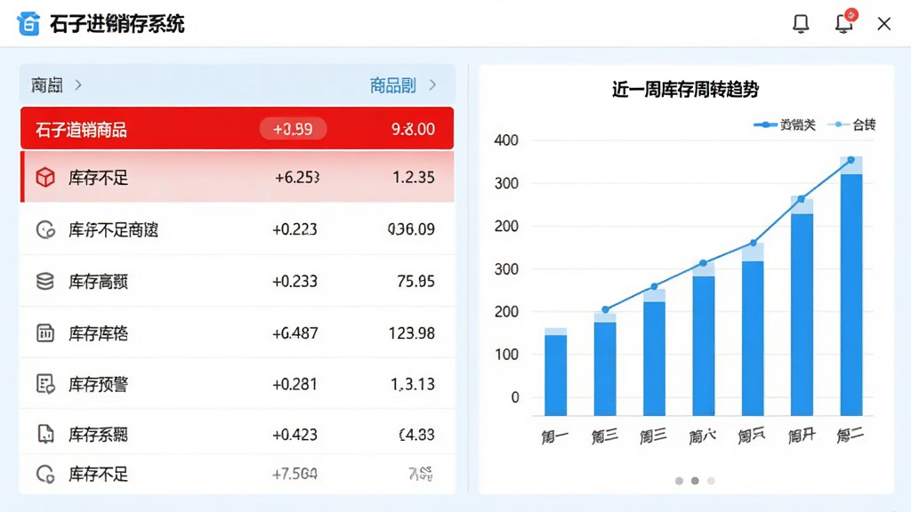 石子进销存系统库存预警界面,界面以红色高亮显示库存不足的商品列表,右侧是柱状图展示近一周库存周转趋势,背景为白色,整体浅蓝色调,图表元素清晰、数据可视化效果好,画面干净专业。