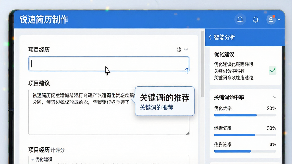 一张软件功能界面特写,主体为“锐速简历制作”的编辑页面,显示一份简历的项目经历栏,文本框旁有悬浮提示框,展示优化建议和关键词推荐。布局为左右结构,左侧为简历表单,右侧为智能分析面板,面板中有“优化建议”、“关键词命中率”等模块。排版清晰,界面风格为简洁商务风,采用蓝白主色调。细节包括光标闪烁的输入框、评分进度条。画质精细,无多余元素。