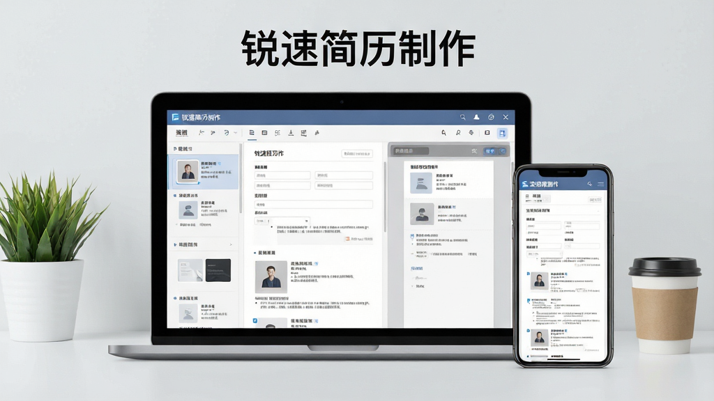 一张高清产品展示图,主体为笔记本电脑屏幕和手机屏幕并排展示“锐速简历制作”软件界面,屏幕中显示简约风格的简历模板编辑页面,左侧为模板列表,右侧为实时预览区。布局采用居中对称构图,背景为干净的浅灰色工作室环境,桌面摆放绿植和咖啡杯。排版清晰,界面元素包括工具栏、表单填写区域、模板缩略图。风格为现代扁平化设计,细节丰富,文字清晰标注“锐速简历制作”字样。画质4K,干净无多余杂物。