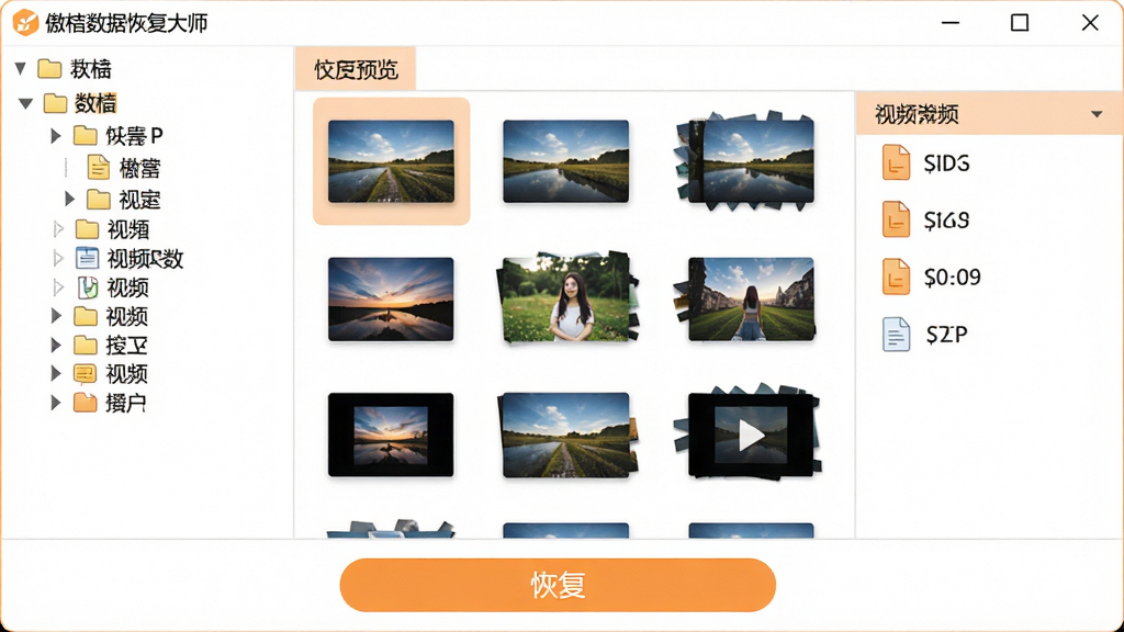 清爽明亮风格,傲桔数据恢复大师文件预览窗口,左侧树状目录展开图片、文档、视频分类,右侧显示照片缩略图与文件信息栏,底部“恢复”按钮高亮,界面以白色与浅橙色为主色调,文字“傲桔数据恢复大师”显示在窗口标题栏,画质干净无多余元素