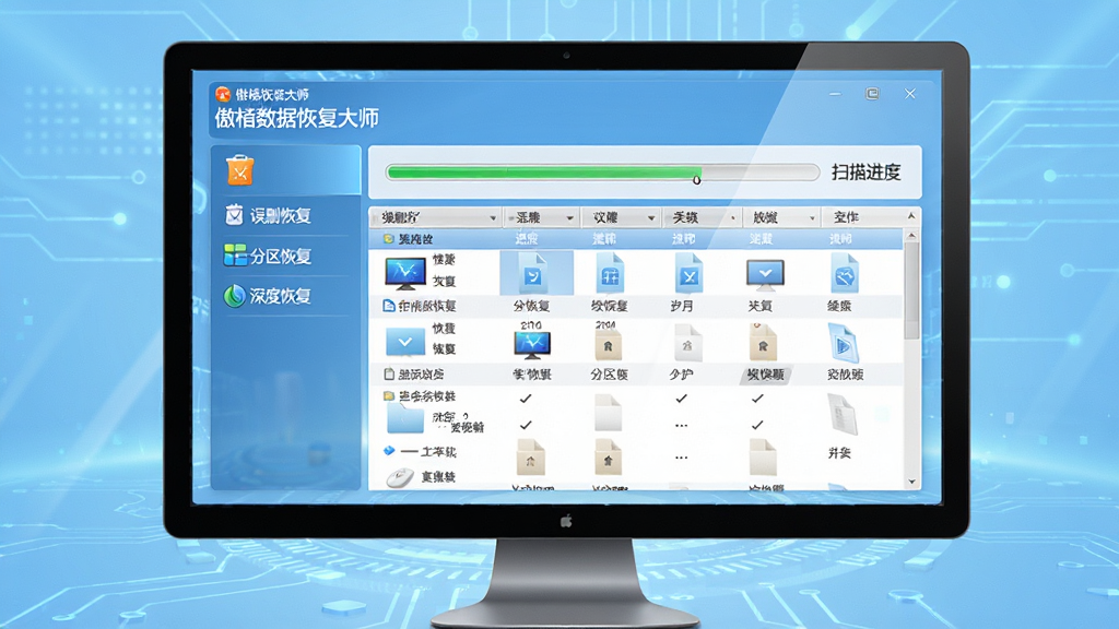 高清数字画质,傲桔数据恢复大师主界面展示,电脑屏幕中显示扫描进度条与文件列表,左侧功能栏包含“误删恢复”“分区恢复”“深度恢复”选项,整体布局简洁明亮,浅蓝色科技感背景,文字标签清晰标注“傲桔数据恢复大师”,风格写实,细节丰富,画质干净无多余元素