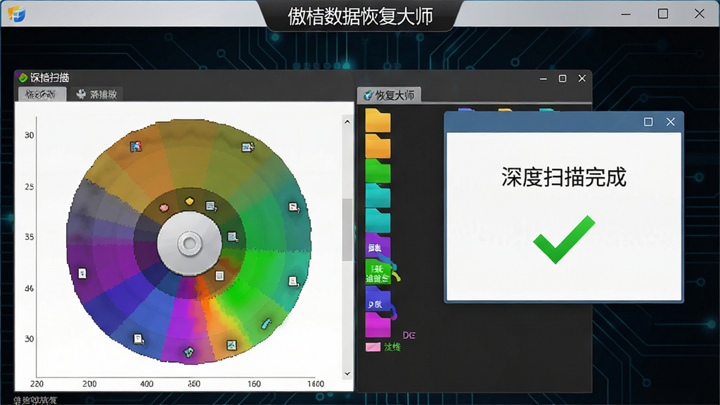 写实风格,傲桔数据恢复大师深度扫描功能运行特写,屏幕显示磁盘扇区图谱与彩色文件类型分布,右侧浮窗展示“深度扫描完成”文字与绿色对勾,背景为深色科技线条,细节清晰,文字标签“傲桔数据恢复大师”置于界面顶部,画质干净无多余元素