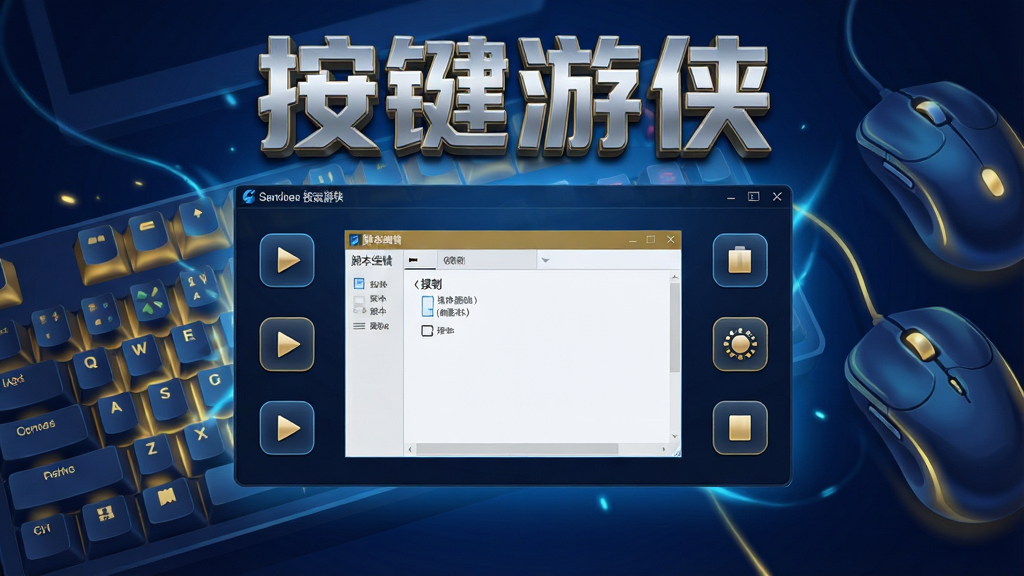 一幅高清数字艺术风格的宽幅插图,主体为“按键游侠”软件界面悬浮于半空中,背景是抽象的游戏键盘与鼠标光效,界面中央显示简洁的脚本编辑窗口,四周环绕着播放、录制、停止等控制按钮图标。布局采用中心对称,主体突出,界面细节清晰,文字“按键游侠”以醒目的立体金属质感呈现于画面上方。风格融合科技感与游戏动感,色彩以深蓝与金色为主,画质细腻干净,无多余元素。