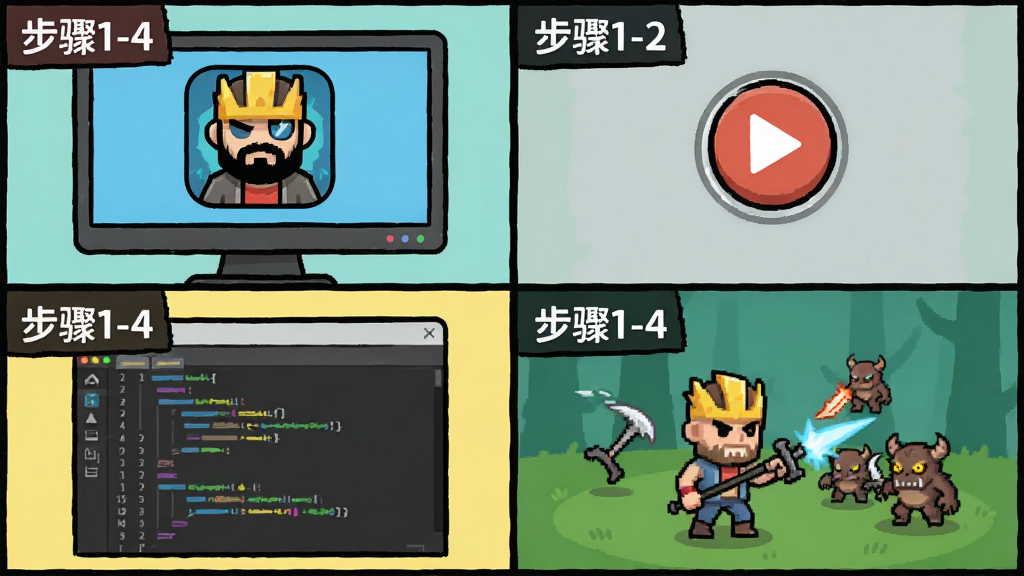 一幅教学风格的四格漫画式插图,第一格显示电脑屏幕上的按键游侠图标,第二格显示录制按钮,第三格显示编辑代码窗口,第四格显示启动后游戏角色自动打怪。整体布局为横向四格,画风简洁清晰,色彩明快,带有“步骤1-4”的引导文字,突出实用教程氛围,画质干净。