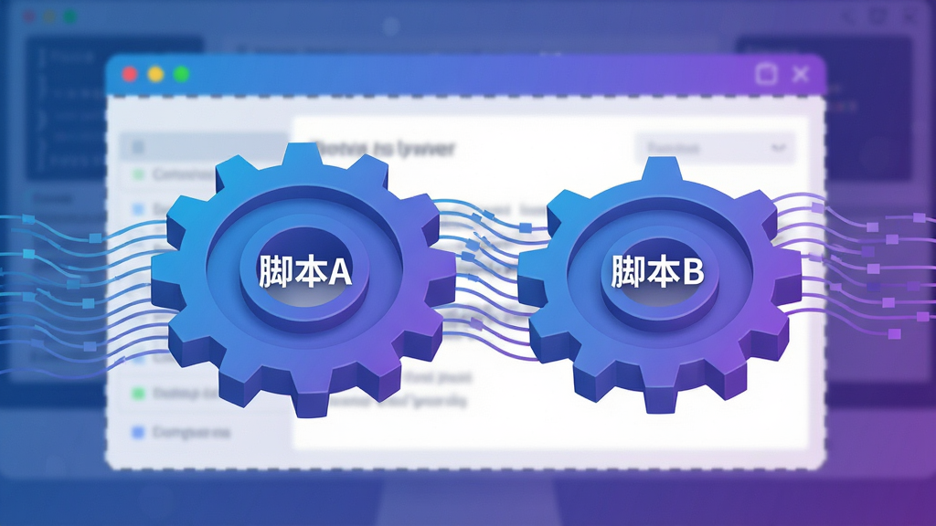 一幅抽象3D风格插图,主体为两个并行的齿轮与流动的数据线条,象征多线程处理。左侧齿轮标注“脚本A”,右侧标注“脚本B”,背景为电脑窗口叠加效果,透明虚化。布局均衡,色彩以蓝紫色渐变为主,体现高效与稳定,画面干净,无多余元素。