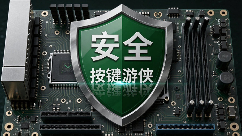 一幅写实风格的电脑主板与盾牌图标结合的图片,盾牌上带有“安全”字样,背景为电路板纹理,主板中央有“按键游侠”字样反光。布局中心对称,色调为金属灰与绿色,强调安全与兼容性,细节丰富,画质干净。
