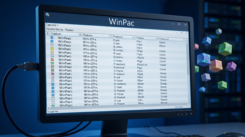 ���壺һ̨����Windowsϵͳ�ĵ�����Ļǰ��չʾ��WinPcap�����Ŀ��ӻ����棬��������ʾ�Ų��񵽵�ʵʱ���ݰ��б�������Դ��ַ��Ŀ�ĵ�ַ��Э�����͵��ֶΡ����֣���������Ϊ������Ļ��д������������������ӣ��Ҳ�Ư�����������ݰ��Ĳ�ɫС�����壬�����ˮƽ��ͼ���Ű棺��Ļ�������б������ɱ棬���ֱ�ǩ��WinPcap��������Ļ�Ϸ����С����дʵ�Ƽ��磬����ɫ��Ϊ������Ч��ͣ���ϸ����Ⱦ�����ʣ�8K���壬�ɾ��޶���Ԫ�ء�