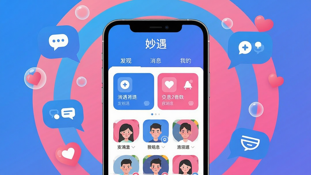 主体:手机屏幕展示“妙遇”交友软件主界面,上方显示“妙遇”品牌名称,下方为功能卡片和用户头像瀑布流。布局:手机位于画面中心,背景为渐变色圆环,四周有飘浮的气泡和爱心。排版:手机界面内容清晰可辨,功能图标排列整齐。风格:现代扁平插画风,色彩明亮活泼,以蓝色和粉色为主色调。细节:手机屏幕中显示“发现”、“消息”、“我的”等标签,气泡内包含聊天符号。画质:高清,干净,无多余元素。