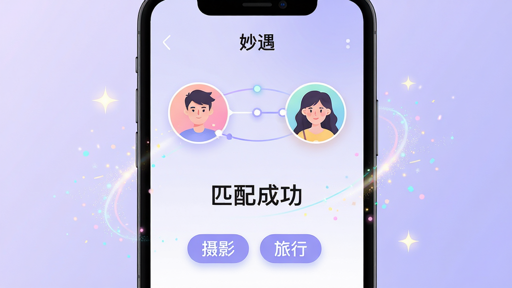 主体:手机界面展示“妙遇”的智能匹配功能,上方显示两个用户头像,中间有“匹配成功”字样,下方有共同兴趣标签,如“摄影”、“旅行”。布局:手机居中,两侧有闪光和粒子特效,背景为浅紫色渐变。排版:界面元素分布均匀,头像大小一致。风格:动态科技感插画,色彩柔和。细节:头像之间有连线连接,标签以圆角矩形呈现。画质:高清,干净,无多余元素。