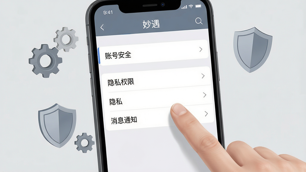 主体:手机用户正在操作“妙遇”应用,屏幕显示设置界面,手指点击“隐私”选项。布局:手机特写,周围有齿轮和盾牌图标,背景为浅灰色。排版:屏幕内容清晰可见。风格:写实插画风,色调中性。细节:设置菜单有“账号安全”、“隐私权限”、“消息通知”等选项。画质:高清,干净,无多余元素。
