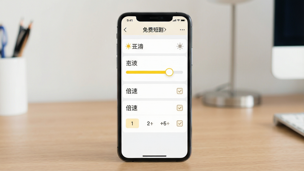 主体:手机屏幕显示《免费短剧》播放设置界面,包含亮度调节条、倍速选项等。布局:手机直立在桌面,背景为简洁的书桌。排版:设置项以列表形式排列,右侧有滑动条和勾选框。风格:浅色UI,图标精细。细节:亮度条为黄色,倍速选项有数字标注。画质:高清,干净无多余元素。