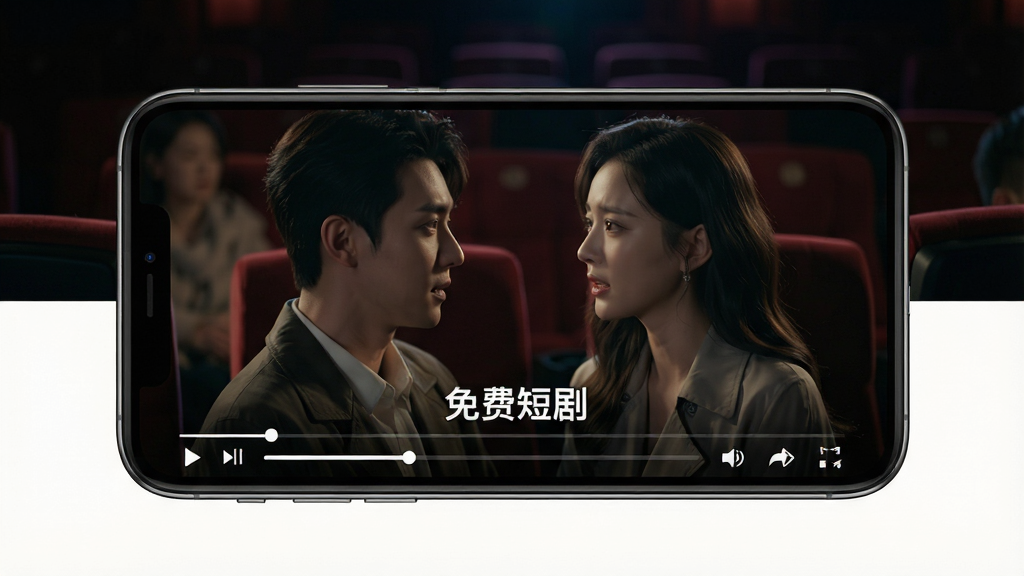 主体:手机横屏播放短剧画面,画面中男女主角对戏,屏幕下方显示“免费短剧”水印。布局:手机位于画面中央,背景为影院式暗光环境。排版:画面比例为16:9,播放进度条和功能按钮简洁排列在底部。风格:电影质感,光线柔和。细节:演员表情生动,画面清晰锐利,字幕为白字黑边。画质:超高清,干净无多余元素。