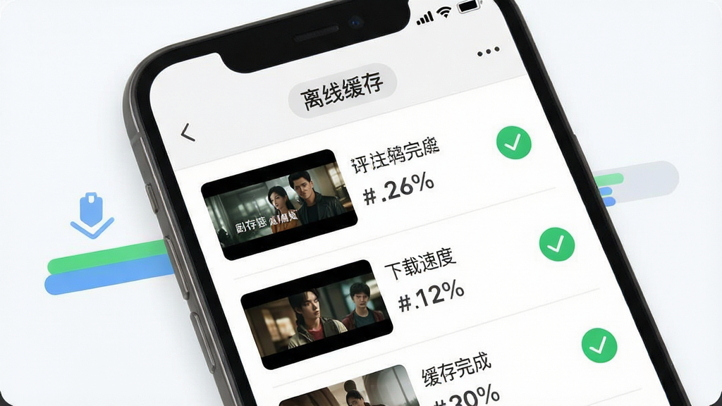 主体:手机应用下载管理页面,显示“缓存完成”状态,背景有下载进度条动画。布局:手机屏幕特写,应用界面以列表形式展示缓存剧集,每项右侧有绿色对勾。排版:界面简洁,列表行间距适中,顶部有“离线缓存”标签。风格:清爽直观,图标线条流畅。细节:下载速度数字与进度百分比清晰可见。画质:高清,干净无多余元素。
