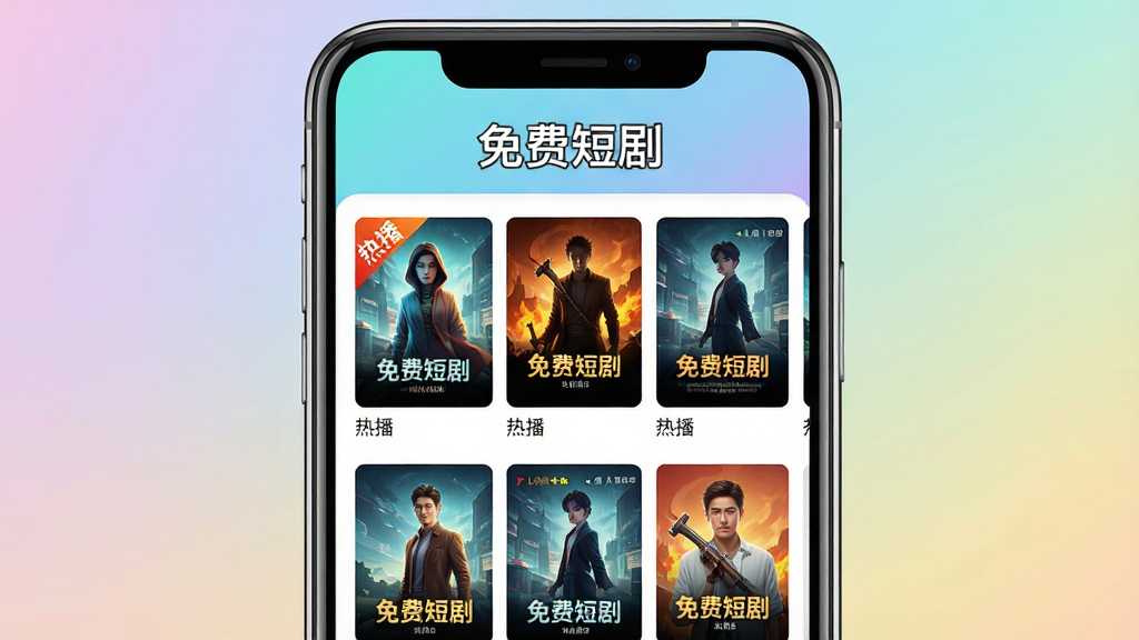 主体:一部智能手机屏幕显示《免费短剧》应用主界面,界面顶部有“免费短剧”字样,下方排列着多个短剧海报缩略图。布局:手机居中,屏幕内容清晰可见,背景为柔和的渐变色。排版:海报缩略图以网格形式排列,间距均匀,左上角有“热播”角标。风格:扁平化设计,色彩明亮,符合现代视频应用风格。细节:手机边框高光,屏幕反射轻微光泽,界面文字清晰可读。画质:4K超清,干净无多余元素。