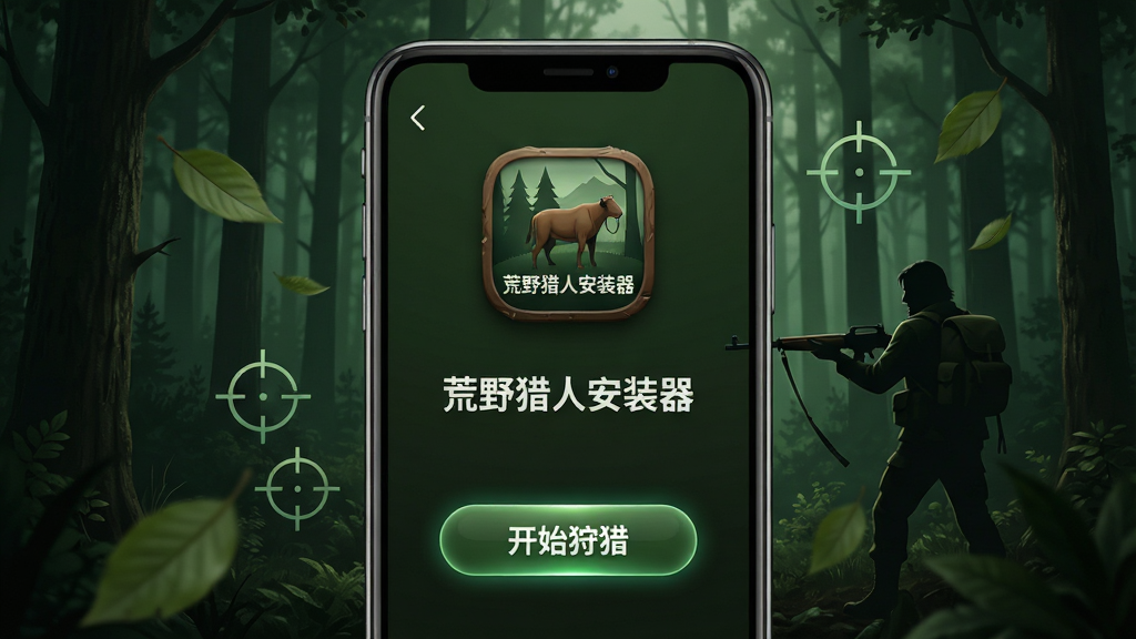 主体:智能手机屏幕显示“荒野猎人安装器”安装完成界面,背景是茂密森林和持枪猎人剪影。布局:手机居中,界面简洁,上方有应用图标和名称,下方有“开始狩猎”按钮。排版:科技感UI,图标立体,按钮发光。风格:写实与数字艺术结合,色调以深绿与棕色为主。细节:界面元素清晰,周围有飘浮的树叶和瞄准星特效。画质:8K超高清,细节丰富,干净,无多余元素。