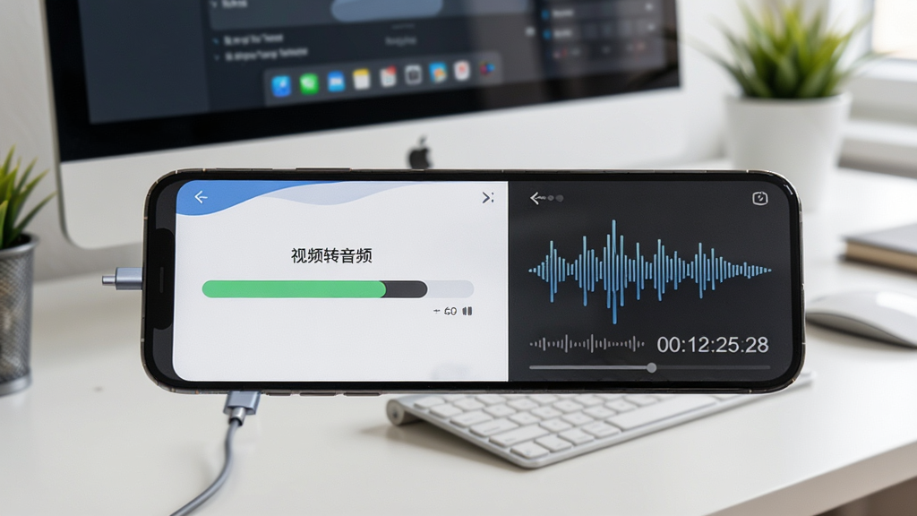 视频转音频软件操作演示场景,手机屏幕显示“视频转音频”应用内正在转换的进度条界面,右侧有音乐波形图与时间码,背景为桌面电脑与手机互联的办公环境,采用写实风格,画面明亮,突出转换速度与便捷性,画质清晰干净