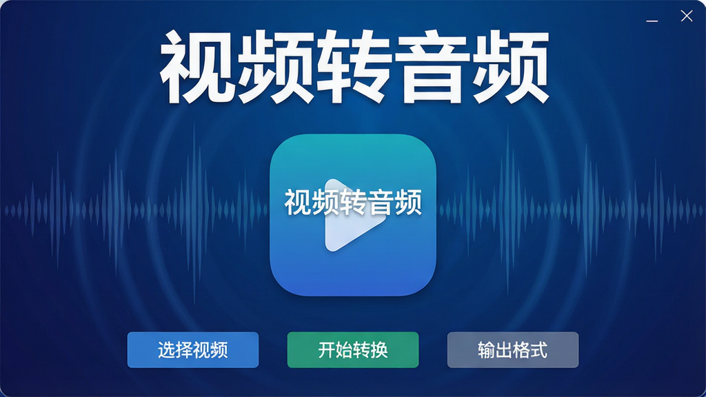 视频转音频软件主界面全貌,中央为醒目的“视频转音频”应用图标,背景采用深蓝渐变与声波波纹图案,界面布局简洁清爽,上方显示“视频转音频”白色大字标题,下方排列“选择视频”“开始转换”“输出格式”三个功能按钮,整体风格扁平化设计,画质高清细腻,干净无多余元素