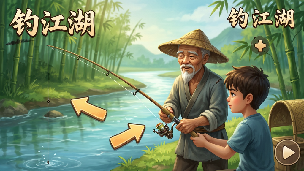 展示钓江湖游戏中的新手引导画面,一位老渔夫在河边指导新手玩家操作钓竿,屏幕上有醒目的操作提示箭头,背景是青翠竹林与潺潺流水,画面风格温馨写实,UI界面清晰友好,带有“钓江湖”字样,画质清晰干净,无多余元素。