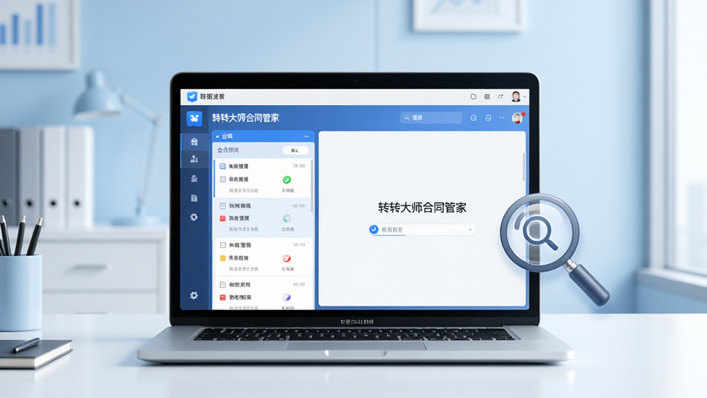 主视觉图:一台现代办公桌上摆放着笔记本电脑,屏幕显示“转转大师合同管家”主界面,界面左侧为合同列表、右侧为预览区,背景为简约商务风格,浅蓝色调,干净明亮,画面中有放大镜图标象征搜索功能,整体布局清晰、专业,画质高清,无多余元素