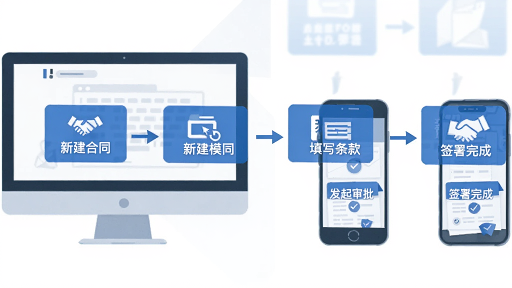 操作流程图:一组步骤图,第一步点击“新建合同”,第二步选择模板,第三步填写条款,第四步发起审批,第五步签署完成,图形为扁平化设计,颜色为蓝白搭配,包含电脑端和手机端两个设备的切换示意,画质清晰,干净无多余元素