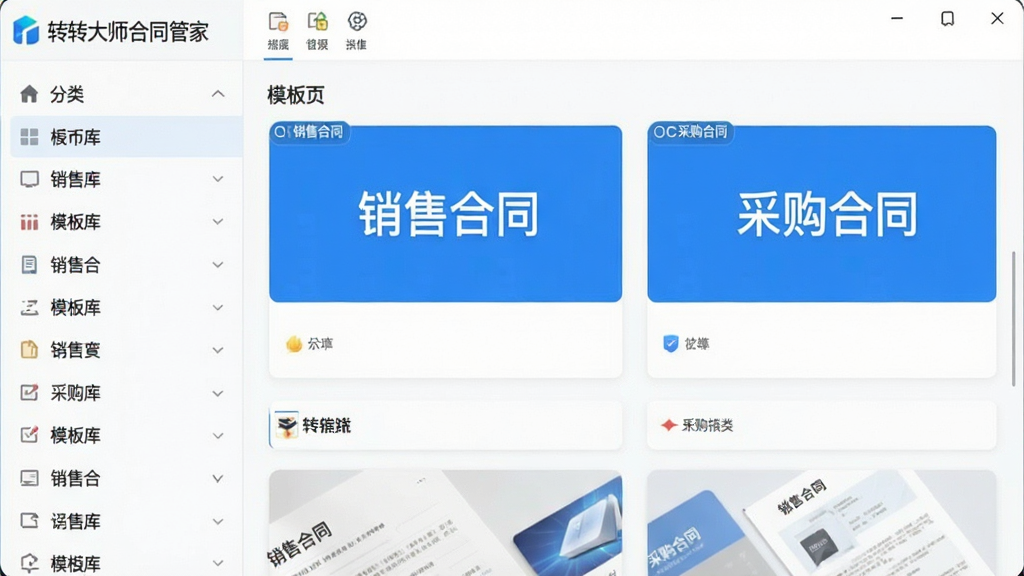 功能截图:转转大师合同管家软件界面中展示模板库页面,左侧分类栏,右侧模板卡片列表,每个卡片上标注“销售合同”、“采购合同”字样,背景为白色,风格简洁明快,细节丰富,画质清晰,无多余元素