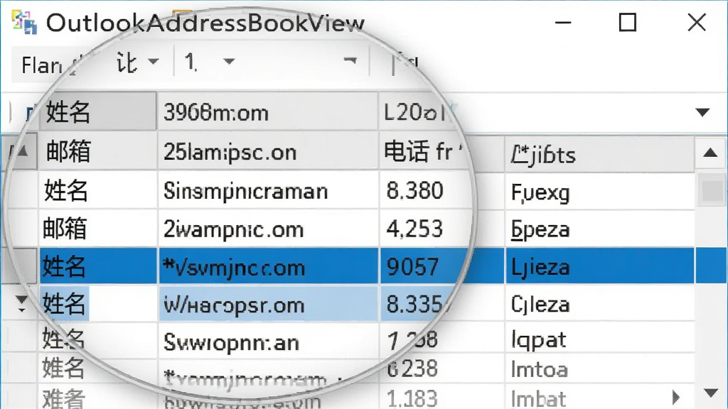 OutlookAddressBookView软件界面放大图,突出显示表格中多列字段,如姓名、邮箱、电话、公司,列头清晰,字体大小适中,界面以白色背景为主,蓝色选中条,布局整齐,细节丰富,画质干净,无多余元素