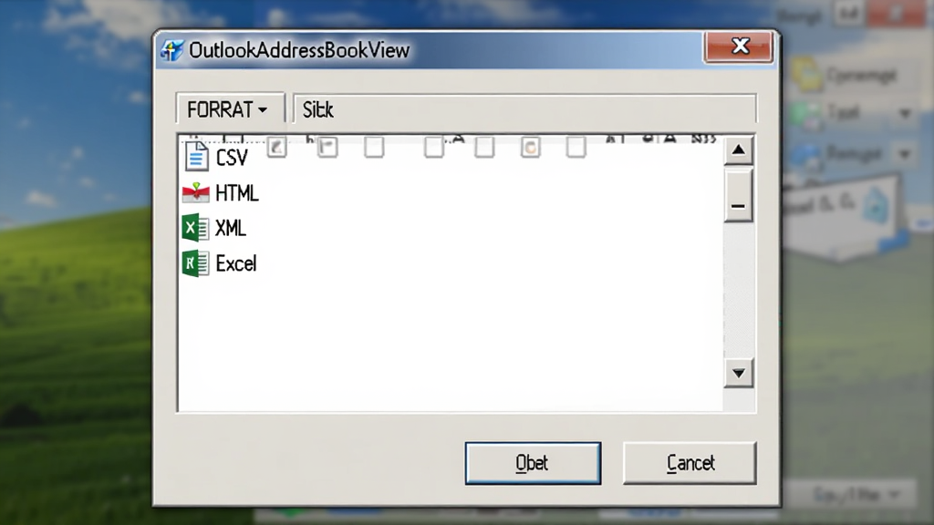 OutlookAddressBookView导出选项对话框,显示文件格式选择列表,包括CSV、HTML、XML、Excel,界面为标准的Windows对话框样式,有确定和取消按钮,背景虚化,突出前景窗口,画质清晰,无多余元素