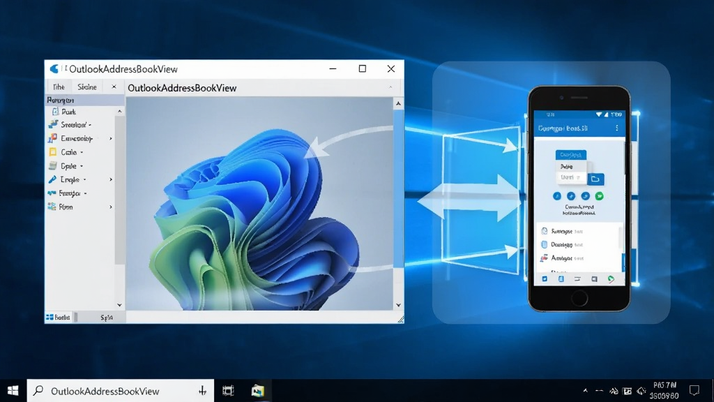 OutlookAddressBookView软件运行在Windows桌面上,旁边有手机同步示意图,表示数据可迁移,整体构图平衡,色调柔和,画质干净,无多余元素