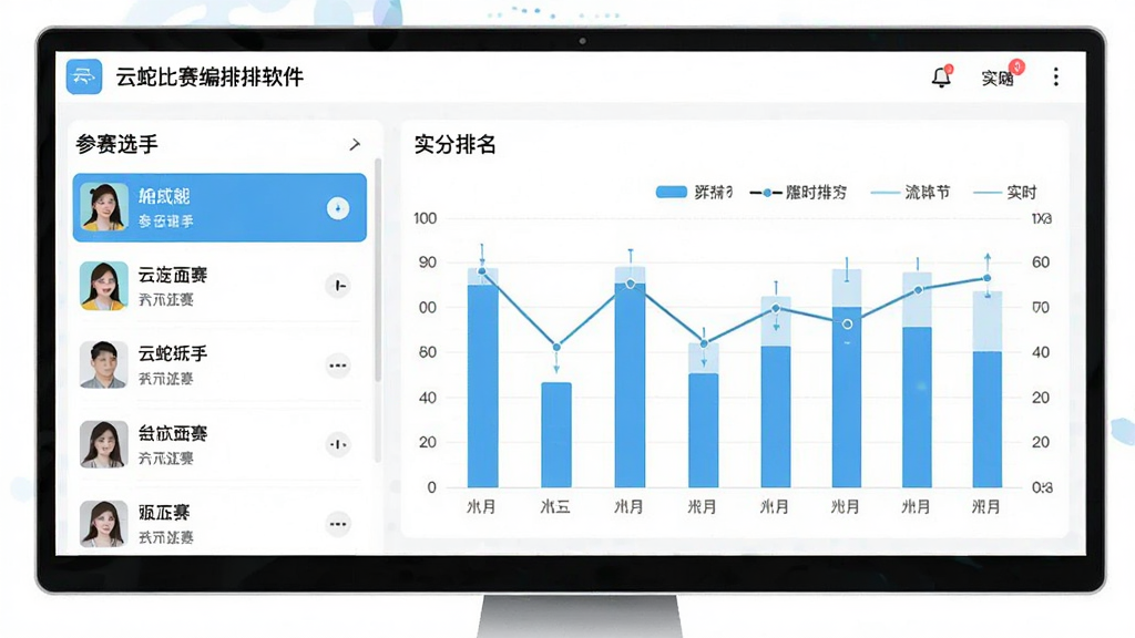 云蛇比赛编排软件成绩管理后台界面,左侧为参赛选手列表,右侧为实时更新的积分排名图表,包含柱状图与折线图,界面色调清爽,布局清晰,突出实时数据可视化能力,画质高清。