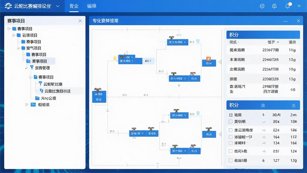 高清展示云蛇比赛编排软件主界面,左侧为赛事项目树状列表,右侧为对阵图与积分表,整体采用蓝白科技感UI设计,界面布局规整,信息层级分明,画质清晰,干净无多余元素,突出软件专业化赛事管理氛围。