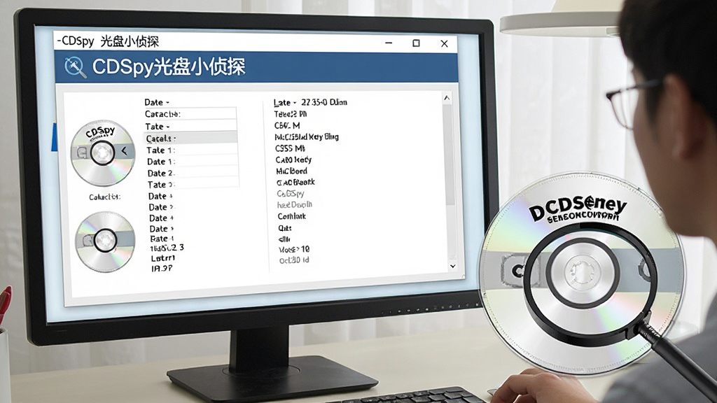 电脑屏幕前,一位用户正在查看光盘信息界面,界面显示光盘容量、卷标、日期等详细数据,旁边有实体光盘和放大镜,整体画面明亮清晰,突出