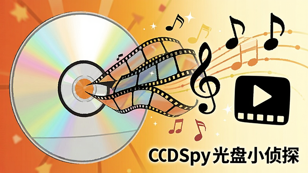 一张光盘中飞出音符和电影胶片图案,右侧有音乐符号和视频播放器图标,背景为暖色调,画面生动,包含