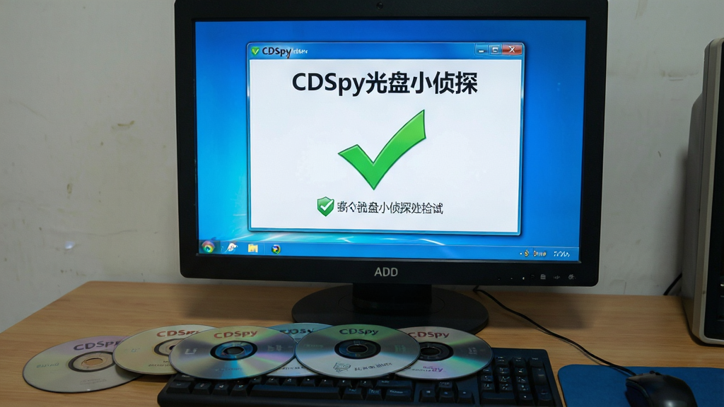 一张电脑桌面上摆放着几张光盘,屏幕中显示CDSpy光盘小侦探的运行界面,界面中有一个绿色对勾表示检测通过,风格写实,画质干净,文字