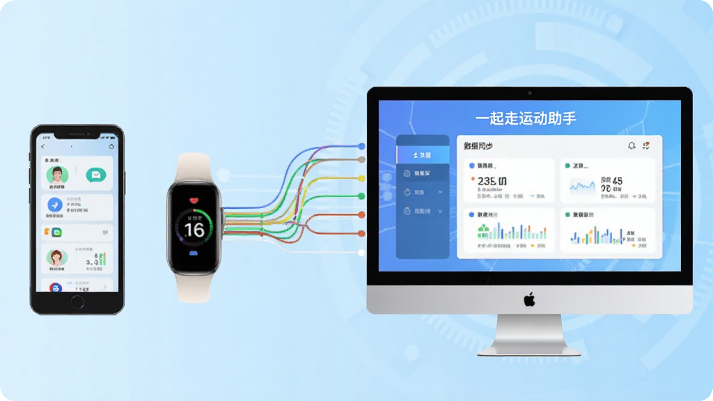 一张功能示意图,画面左侧为手机和手环图标,右侧为电脑屏幕,屏幕中显示