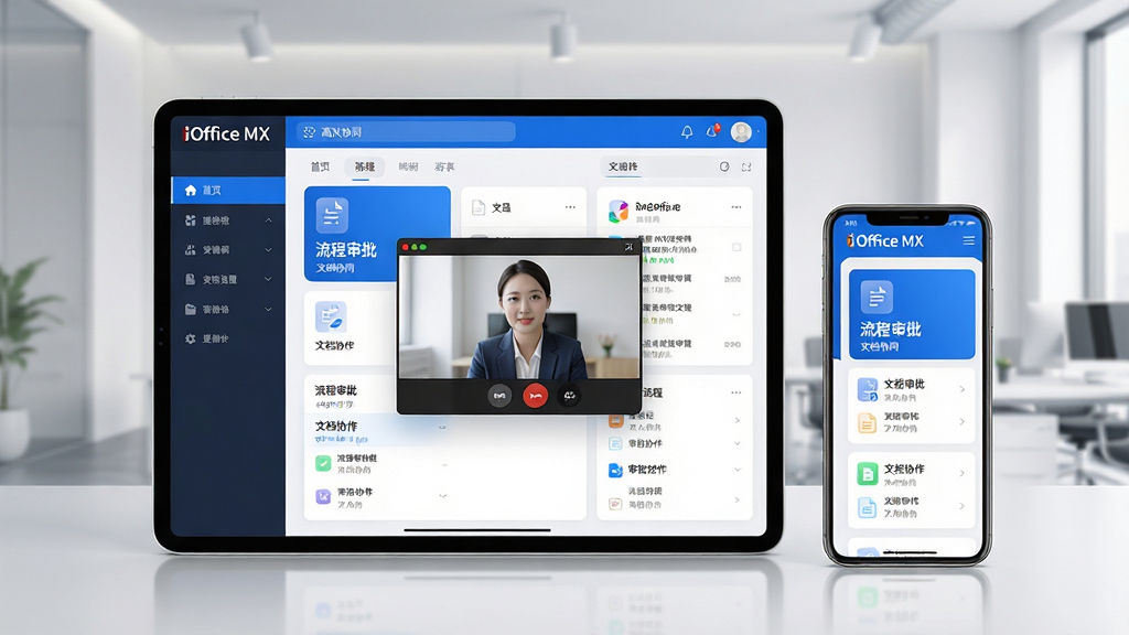 主体:iOffice MX软件主界面展示在平板与手机设备上,背景为现代简约的办公室环境。布局:左侧为功能导航栏,右侧显示文档列表与审批流程卡片,屏幕中央悬浮着视频会议窗口。排版:界面采用卡片式布局,信息层级清晰,重点突出“流程审批”与“文档协作”模块。风格:商务科技感,蓝白主色调,搭配柔和的光影效果。细节:屏幕中清晰显示“iOffice MX”品牌Logo及“高效协同”字样,界面图标精致,文字清晰可读。画质:4K超清,明亮通透,干净无多余元素。