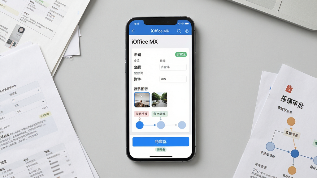 主体:一部智能手机屏幕显示iOffice MX的审批流程界面,模拟“报销审批”操作。布局:手机居中,屏幕中展示表单填写区域与审批节点图示,周围散落着几份纸质文件作为对比。排版:界面从上到下依次为申请标题、金额明细、附件缩略图、审批按钮,流程节点以横向时间轴呈现。风格:写实商务风,背景为浅灰色桌面,手机屏幕内容清晰突出。细节:屏幕顶部显示“iOffice MX”导航栏,审批按钮为蓝色高亮,状态标签显示“待审批”。画质:高清细腻,色彩自然,画面干净无多余杂物。