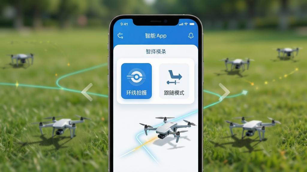 主体:智能手机界面展示Hover飞行控制App的智能模式选择菜单,背景为模糊的户外草坪。布局:手机位于画面中央,屏幕显示