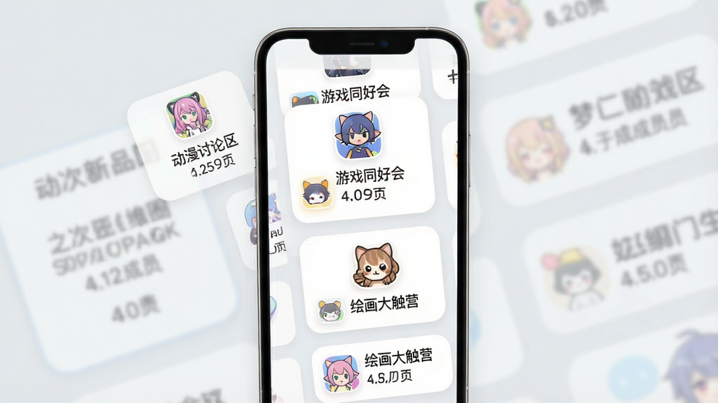 一张展示亚次元APP圈子功能的界面设计图,主体是手机屏幕,屏幕内展示多个不同的二次元圈子入口,例如“动漫讨论区”、“游戏同好会”、“绘画大触营”,每个圈子以图标和名称显示。布局采用网格排列,视觉上整齐有序。风格清新明快,背景为淡灰色,卡片为白色圆角矩形。细节上,每个圈子卡片有代表性的小图标,并显示成员数量。画质干净,无多余元素。