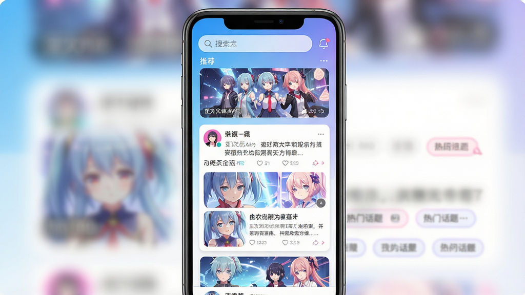 一张展示亚次元APP主界面的高清截图,主体是手机屏幕正面视图,屏幕上显示丰富的二次元风格内容瀑布流,包含动漫人物壁纸、用户动态卡片、热门话题标签。布局采用居中构图,屏幕内容清晰可辨。整体风格明亮活泼,主色调为蓝白渐变,搭配粉色与紫色点缀。细节上,屏幕顶部有搜索栏,下方为推荐内容卡片,每个卡片有缩略图和标题。画质清晰,干净无多余元素。