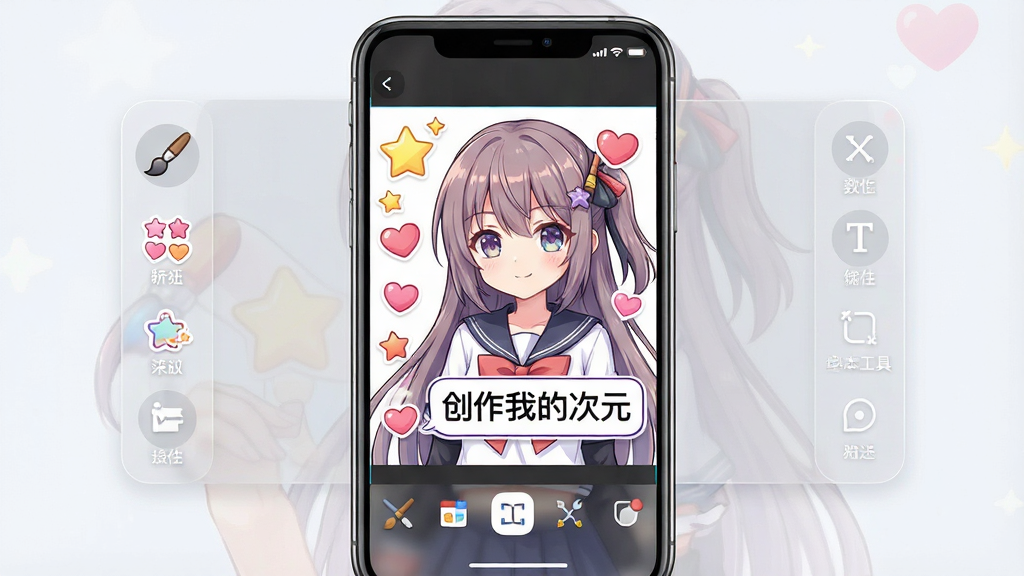 一张展示亚次元APP内置创作工具功能的界面截图,主体是手机屏幕,屏幕上显示一个正在编辑的二次元风格图片,画面中有多种编辑工具图标,如画笔、贴纸、文字框等。布局以编辑区域为中心,工具条分布在两侧或底部。风格简洁现代,界面元素半透明。细节上,图片内容为动漫角色,贴纸有星星、爱心等,文字框内有示例文字“创作我的次元”。画质清晰,干净无多余元素。