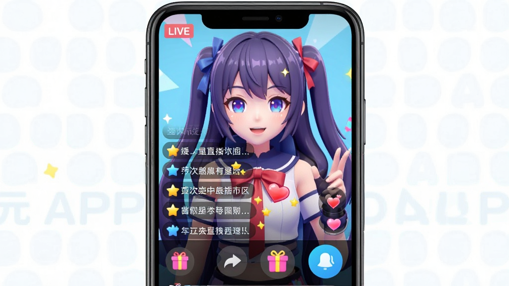 一张展示亚次元APP直播功能的界面示意图,主体是手机屏幕,屏幕内正在播放一场二次元主题直播,主播是动漫风格虚拟形象,直播间底部有弹幕滚动、礼物图标和连麦按钮。布局上直播画面占据主要区域,互动控件位于下方。风格活泼,色彩鲜艳。细节上,弹幕文字清晰,礼物特效为星星和爱心。画质流畅,干净无多余元素。