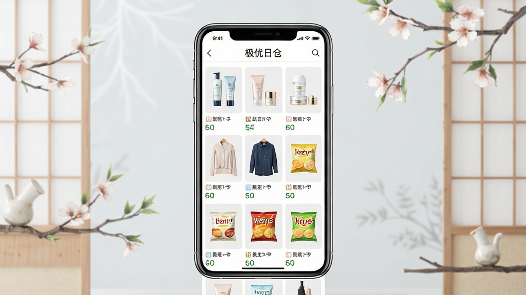 一张展示极优日仓应用核心场景的现代电商风格图片,主体为智能手机屏幕,屏幕内显示日系商品瀑布流布局,包含药妆、服饰、零食等品类,界面清爽,有“极优日仓”品牌标识,背景为淡雅的浅灰色与日式元素,排版居中,风格简约明亮,细节丰富,画质干净无多余元素