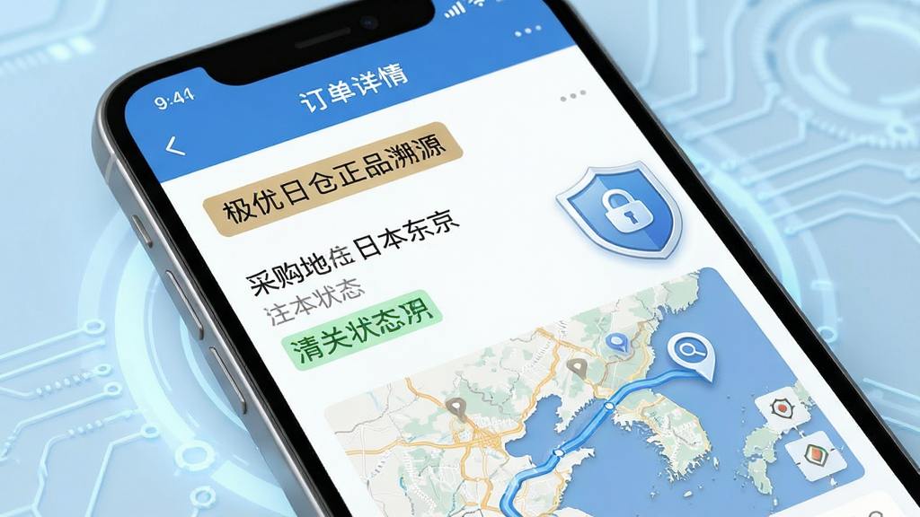 一张关于商品溯源功能的界面特写,主体为手机应用中的订单详情页,显示“极优日仓正品溯源”标签、采购地日本东京、清关状态,配以放大镜图标与盾牌符号,背景为淡蓝色科技感,布局清晰,风格写实,细节包括物流地图轨迹,画质干净无多余元素