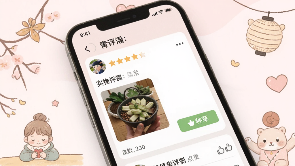 一张展示极优日仓社区互动功能的图片,主体为手机界面上的用户评测内容,包含星级评分、实物照片与“种草”按钮,背景为柔和的粉白色,有日式插画点缀,布局为卡片式排列,风格温馨,细节展示评论与点赞数量,画质干净无多余元素