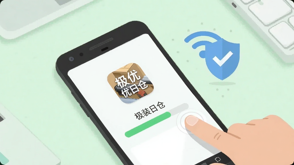 一张关于极优日仓安装与使用的教程插图,主体为一部安卓手机,屏幕上显示“极优日仓”应用图标及安装进度条,旁边有Wi-Fi和盾牌安全标识,背景为干净的浅绿色桌面,布局简洁,风格扁平化,细节包括手指点击操作,画质干净无多余元素