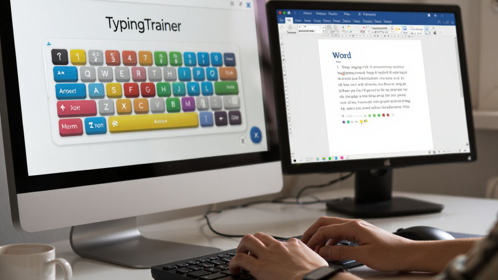 主体为电脑屏幕显示TypingTrainer练习界面,旁边有Word文档窗口,屏幕前是正在打字的双手,布局为场景侧写,排版为对角线构图,风格为写实生活风,细节包括屏幕上的彩色键盘图,画质自然干净,无多余元素