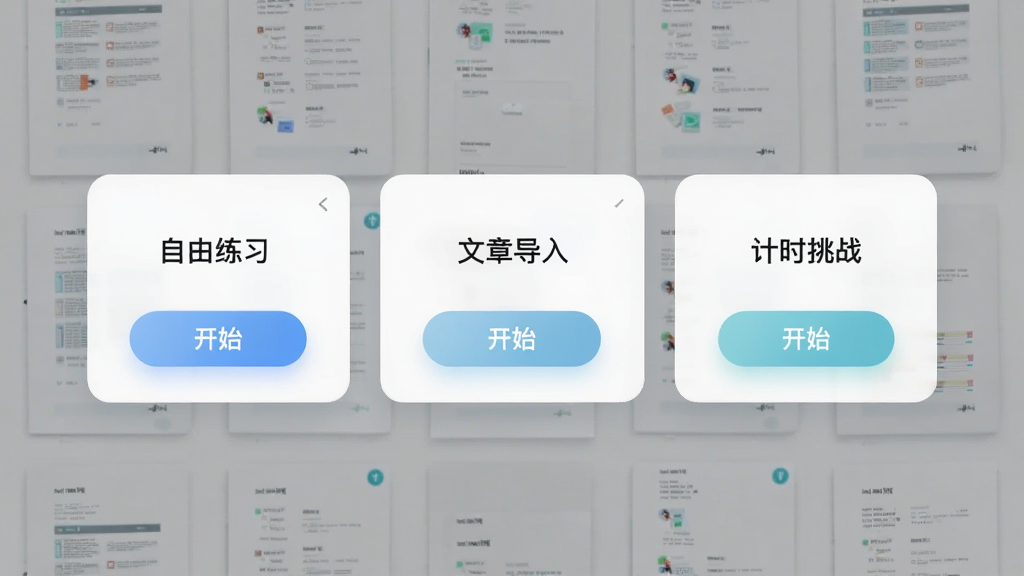 主体为软件模式选择界面,包含“自由练习”、“文章导入”、“计时挑战”三个卡片,背景为文档素材缩略图,布局为卡片式布局,排版为横向排列,风格为清新简约,细节包括开始按钮高光,画质柔和干净,无多余元素